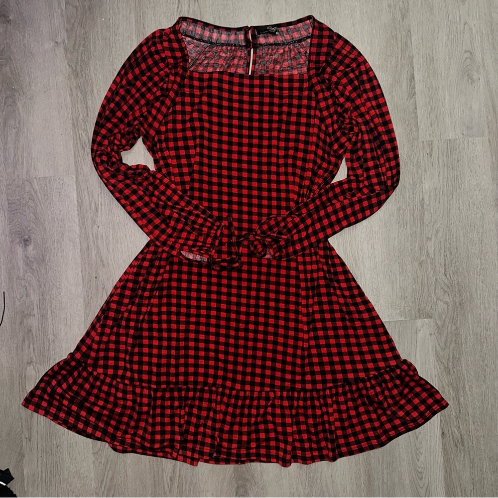 Suzanne Betro Red and Black Fit and Flare Dress with Bishop Sleeves